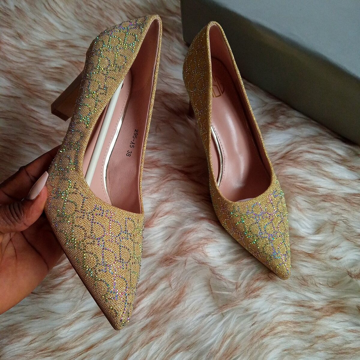 Gold rhinestone heels