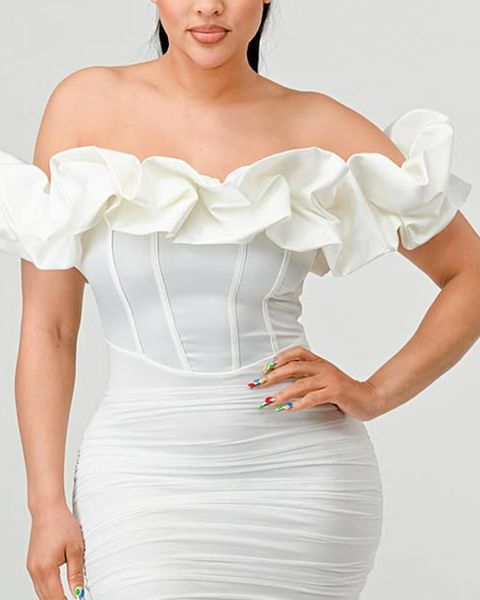 ARISTA OFF-SHOULDER RUCHED MINI DRESS OFF WHITE