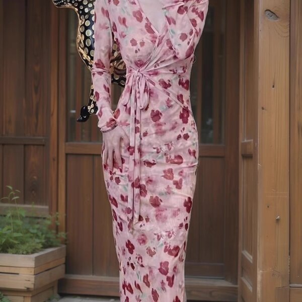 Plain Pink bodycon wrap dress