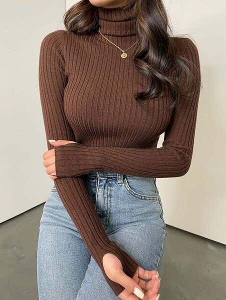 Pull col roulé marron femme