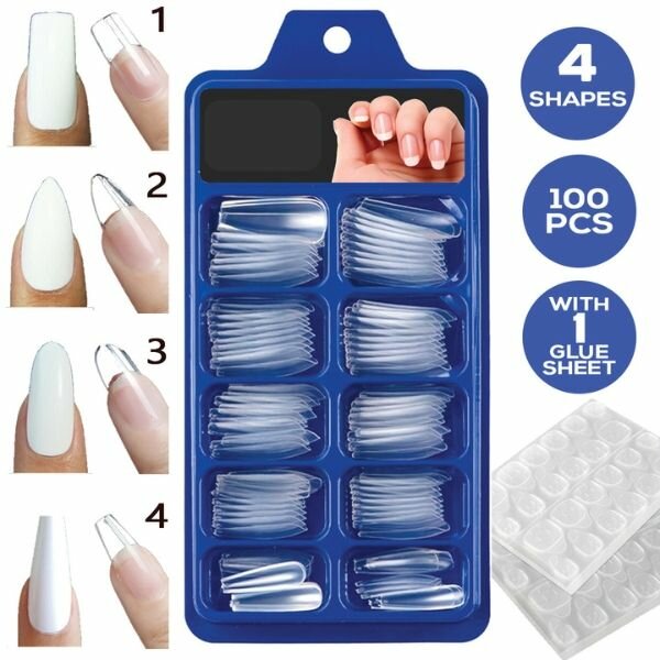 100Pcs Artificial Nails - Square, Almond, Oval & Coffin Shap