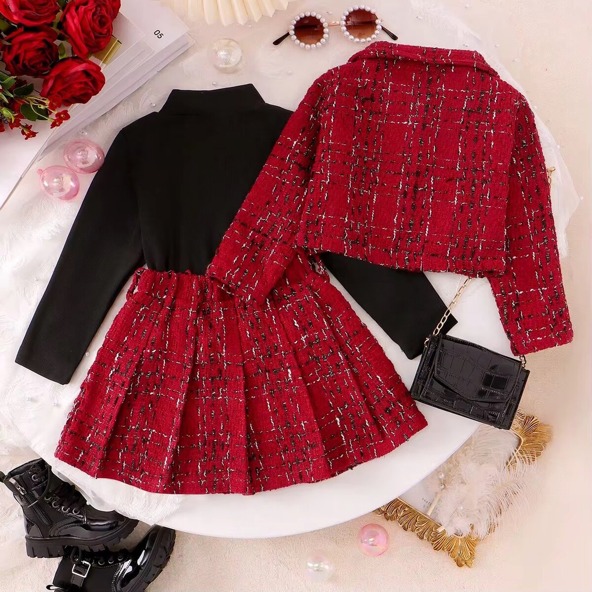 Ensemble chic fille tweed rouge
