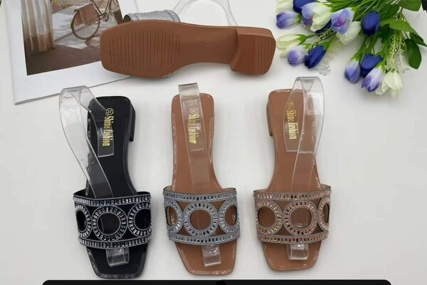 Slippers with rhinestones in three colors: beige, black and silver