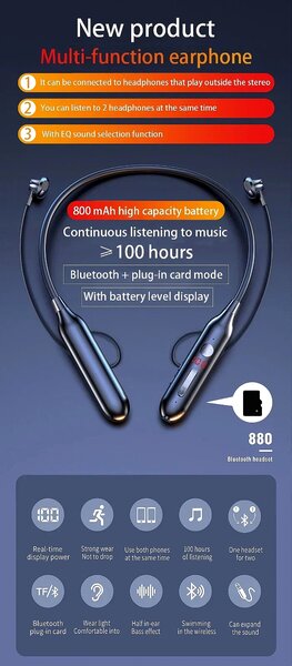 Neckband Headset With Line Output Port, TF Card 80 Hours