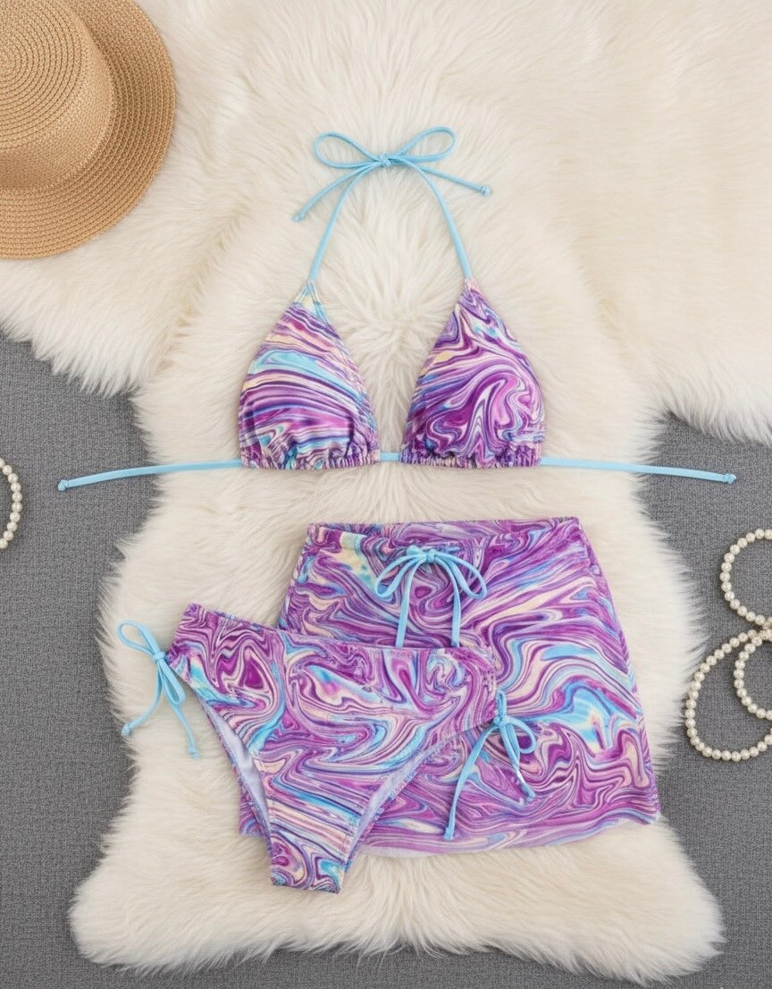 Bikini imprimé marbré 3 pièces