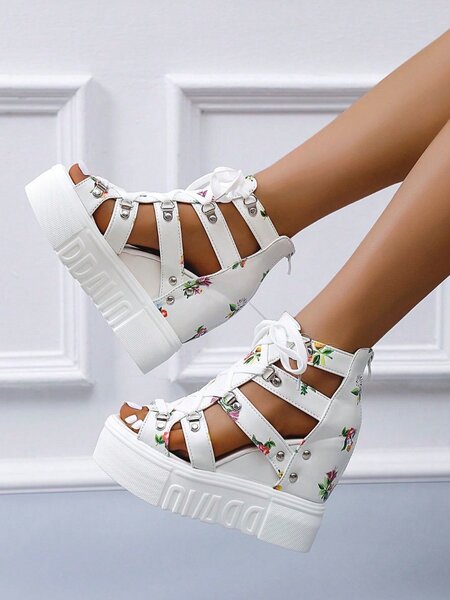 Woman floral graphic lace up front wedge sandals