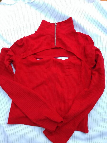 Red Ribbed Cutout Sweater