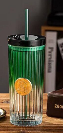 Gradient Color Vertical Stripes Portable Glass Tumbler with Lid and Straw