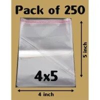 Bundle of 250 (4 X 5 Inch) Clear Resealable Cellophane/BOPP/Poly Transparent Plastic Bags For Storage Self Adhesive Polythene Peel + Seal Bags For Packing