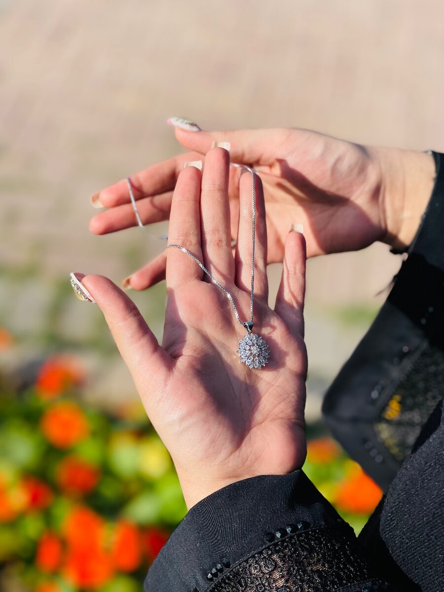 Diamond Flower Pendant with Silver Chain