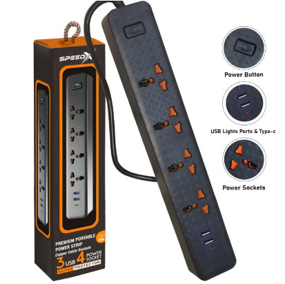 SpeedX 403PUC Power Strip Multi Power Plug Extension Board with 3 USB Ports + 4 Sockets Universal Travel Charging Adapter
