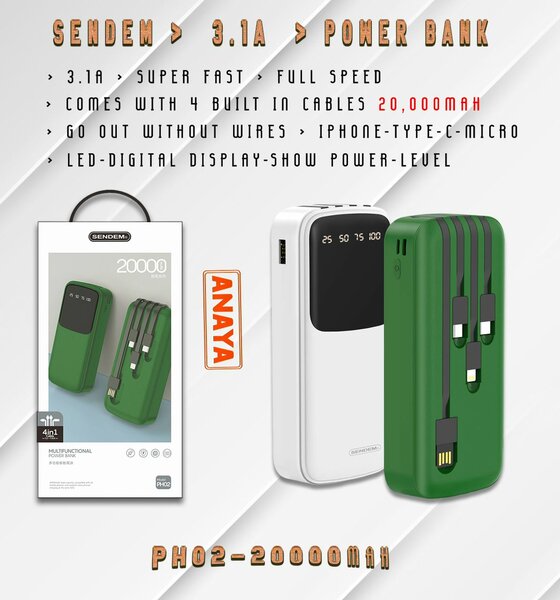 20,000mAh SENDEM Power Bank with 4in1 Cables