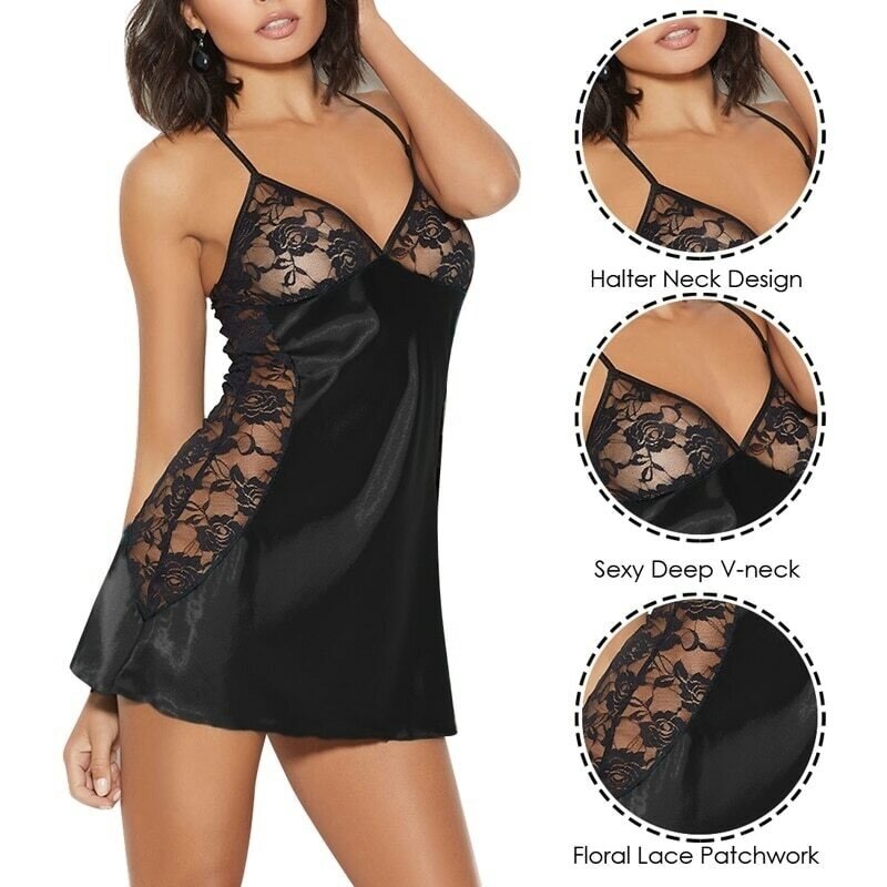 Women's Fashion Sexy Lingerie Sheer Slip Silk Lace Robe Dres