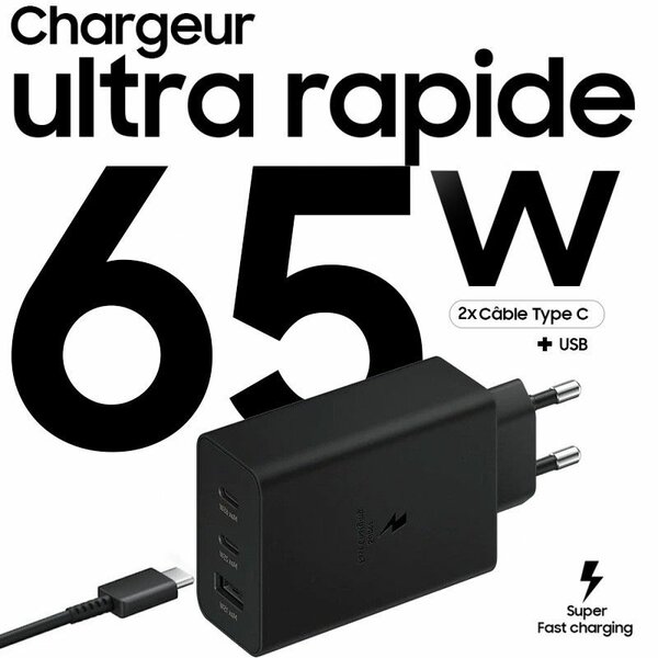 Chargeur Samsung original ultra rapide 65W 2x usb-c  1 usb-A