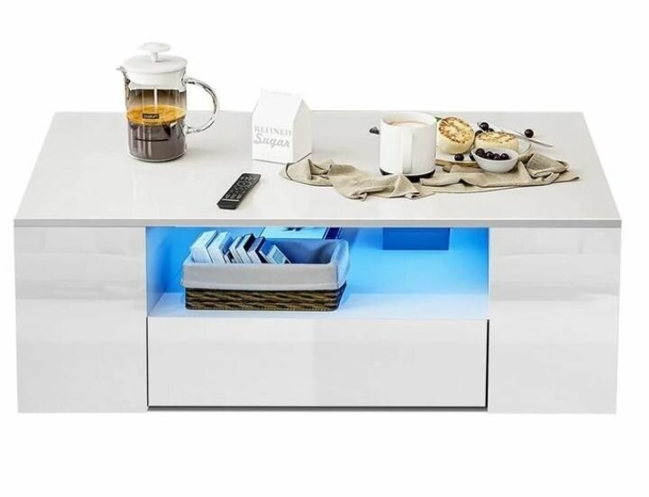 2 Drawers Wooden LED Coffee Table - White