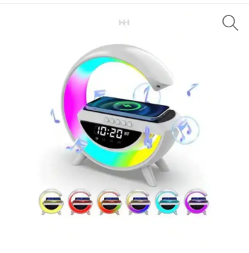 Desktop Atmosphere Night Light G Shape Bluetooth Speaker Wireless Charger FM Radio Stereo Surround Music Box Alarm Clock – White