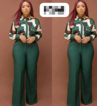 Tailleur pantalon émeraude et chemise camouflage femme