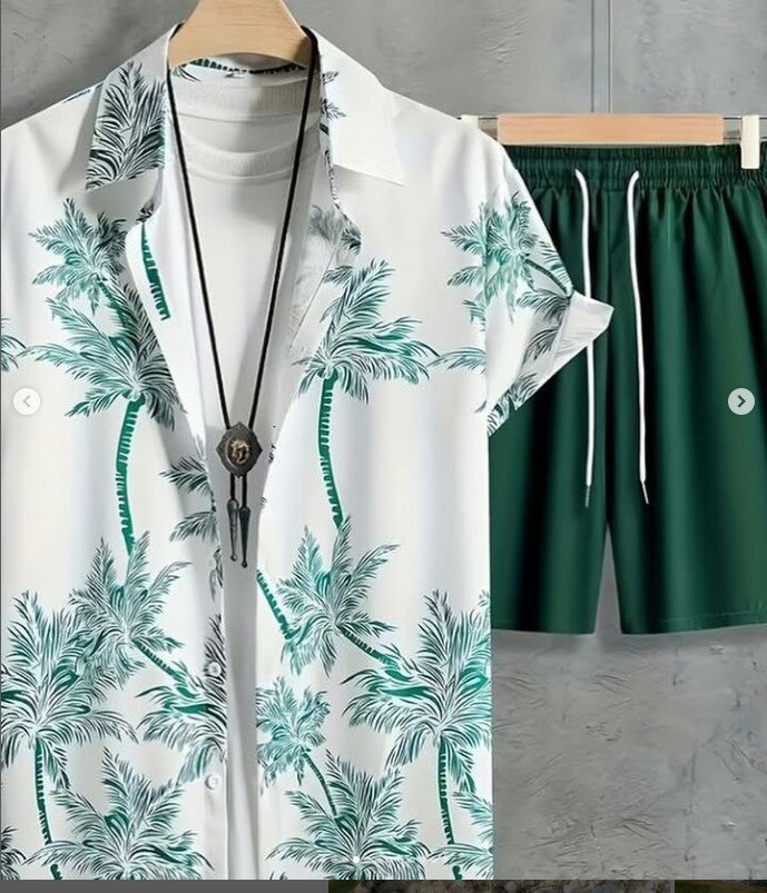 Beautiful light summer men's outfit (short sleeve shirt with print + shorts)