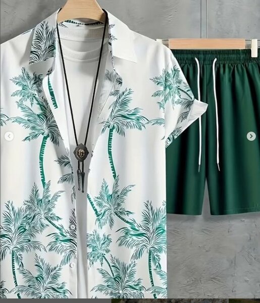 Beautiful light summer men's outfit (short sleeve shirt with print + shorts)