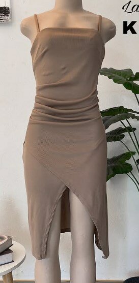 Dress beige, stretch, asymmetrical hem