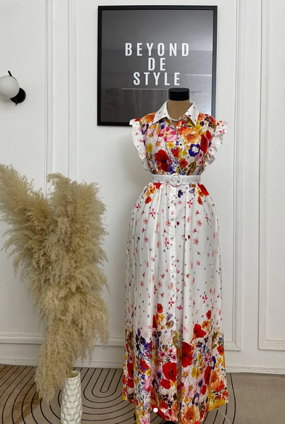CLASSY BELTED FLORAL MAXI DRESS.