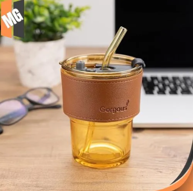 MG Coffee Glass Mug Cups with Lids and Straws with Leather Sleeve High Quality & Practicality