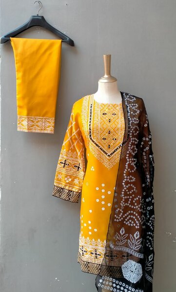 3 Pcs Woman's Stitched Katan Silk Embroidered Mirror Work
