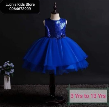Elegant, fluffy, blue dress with a shiny top and bow belt for 3-13 y.o girls
