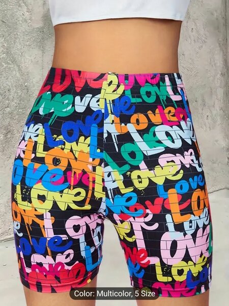 Letter Print Skinny Stretchy Shorts, Casual High Waist Short