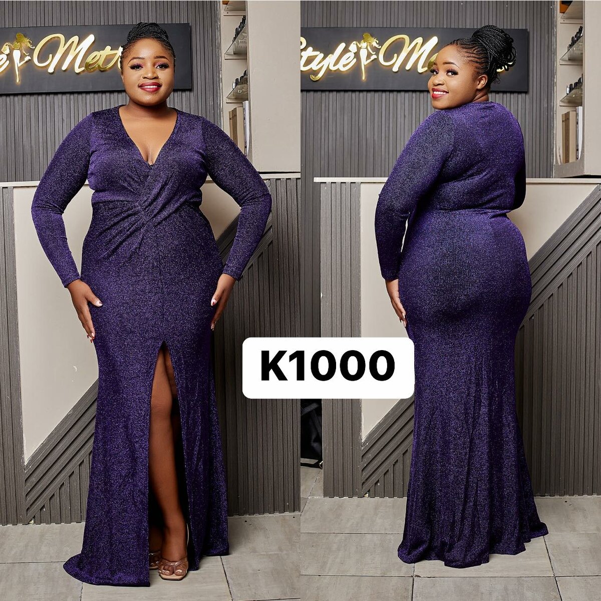 Evening long dress with long sleeves, lilac sequined