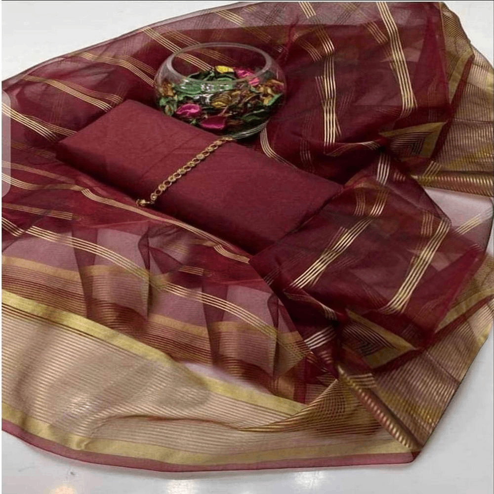 3 pcs women's unstitched Fancy katan silk plain suit