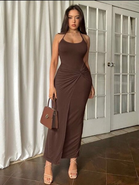 Apricot Sleeveless Twist Design Long Summer Dress