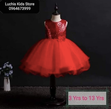 Elegant, fluffy, red dress with a shiny top and bow belt for 3-13 y.o girls