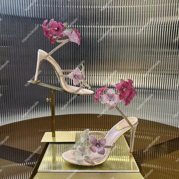 R snake-shaped lace flower diamond ring stiletto sandals
