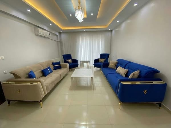 brown and blue furniture set