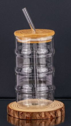 Eco-Friendly Bamboo Joint Clear Borosilicate Glass Tumbler with Bamboo Lid and Glass Straw