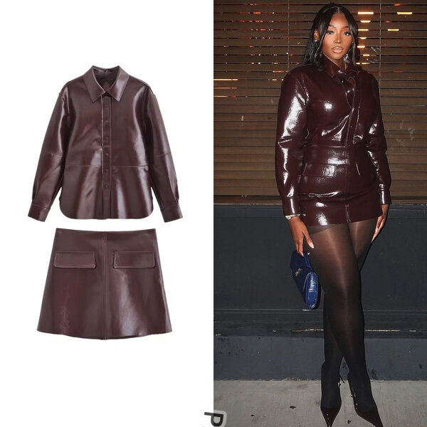 Veste et Jupe Cuir Marron