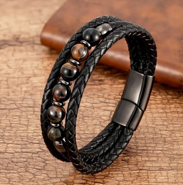 BRACELET EN CUIR &ACIER INOXYDABLE + OEIL du Tigre,Émeraude