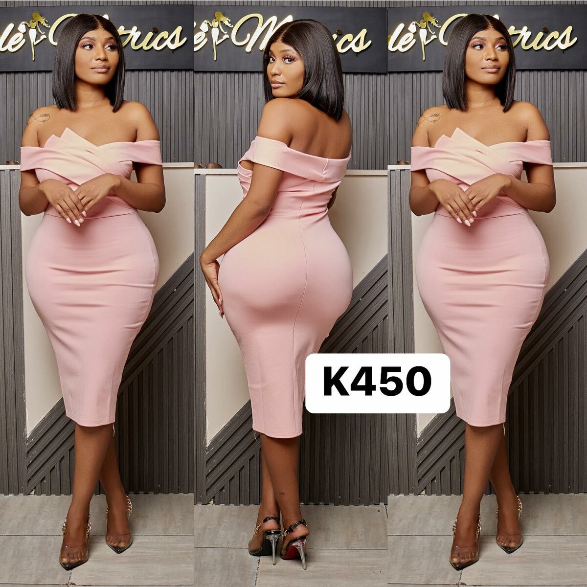 Women's dress is a form-fitting light pink off-the-shoulder