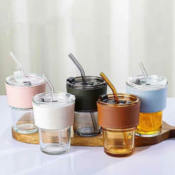 Glass Coffee Cup with Lids, Straw and PU Leather Sleeve