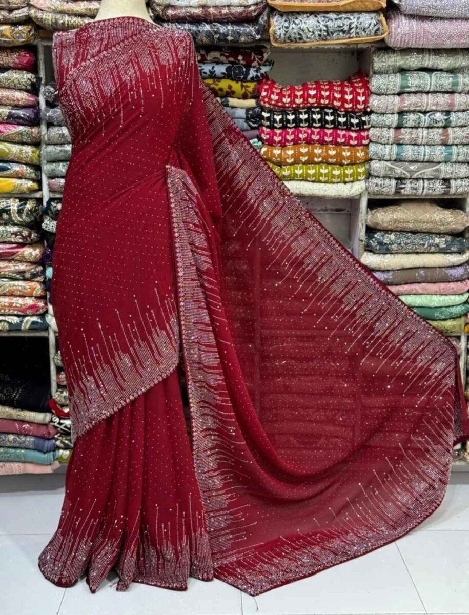 Beautiful Stitched  Net Saari Full pearls Work