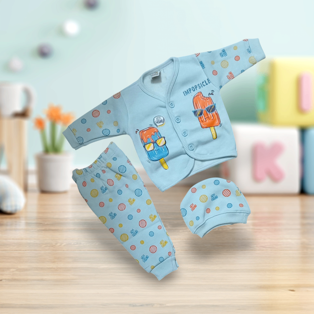 New born baby unisex 3pcs Cotton Fleece pajama shirt Set