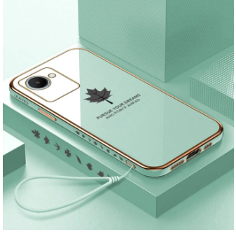 LECOMES for Realme C30 Back Cover with Lanyard Luxury 6D Plating Fancy Maple Leaf Stylish Girls Phone Case Soft Silicone Square Mobile Cases Pouch