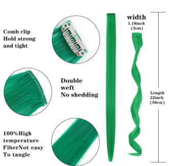 Hair Extensions Clip In Neon Hair Extension Hairpieces Party Highlights Synthetic Halloween Hair Accessories Colored Straight Extension Clip Ins for Kids Girls 22" 1pcs