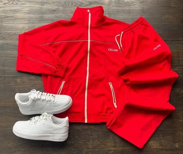 A red Celine tracksuit with white accents+Nike Air Force 1
