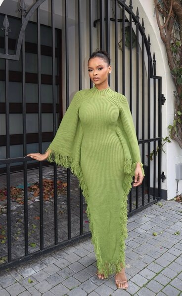 Robe Pull Vert à Franges