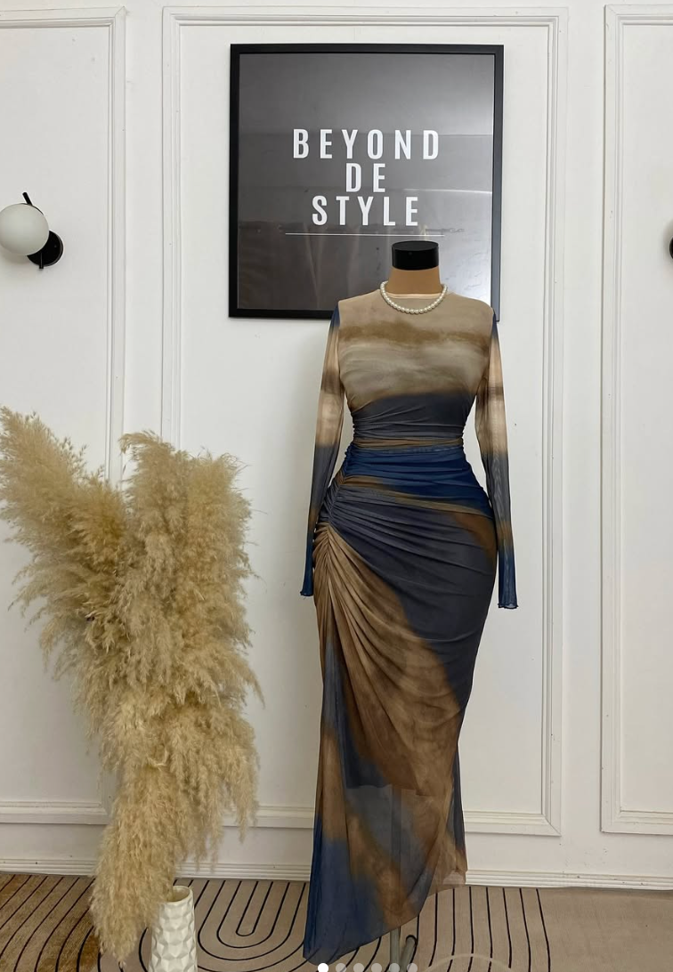  ICONIC RUCHED SIDE MESH MIDI DRESS