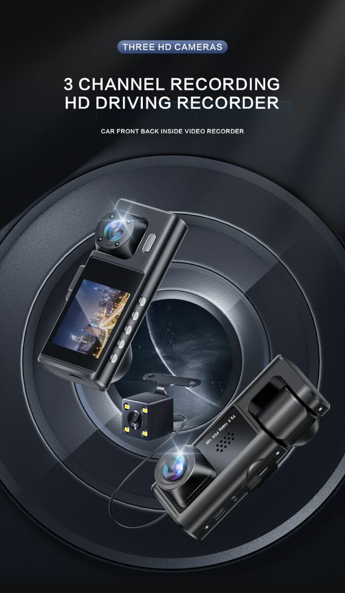 Vehicle 3Lens Dashcam Camcorder Monitor Recorder 3Inch