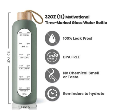 1Litre Portable Bamboo Lid Borosilicate Glass Water Bottle