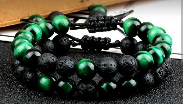 Bracelet pièrre de lave + oeil de tigre vert